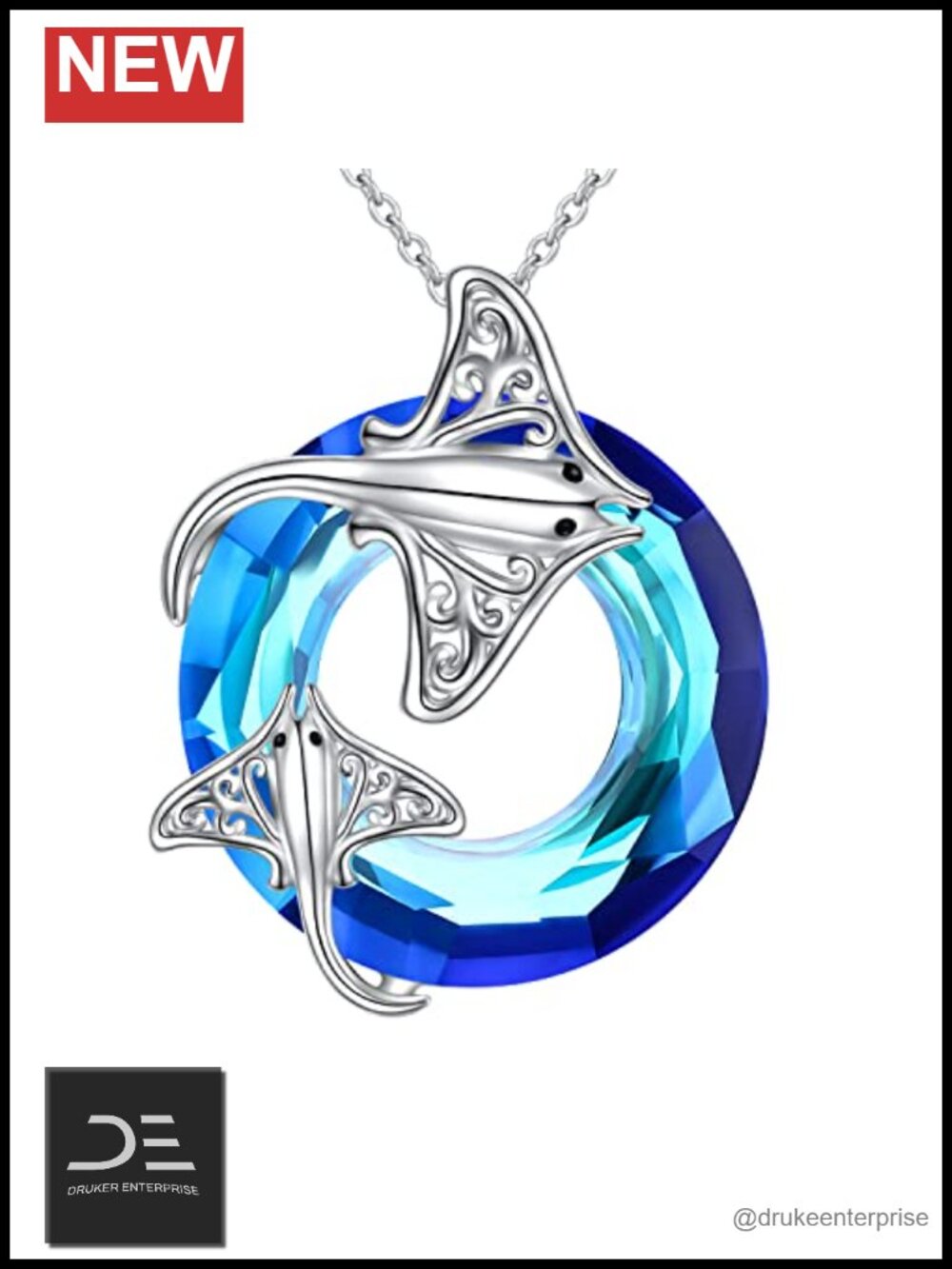 Sterling Silver Manta Ray Pendant Necklace Blue Crystal Ocean Animal Jewelry
